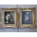A pair of oil on board sill lifes, signed D Noherts, in gilt swept frames, 38x33cm