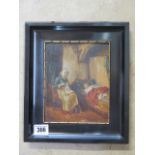 A small oil on board interior scene signed Baworowski, in ebonised frame, 26x22cm