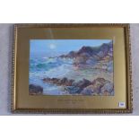 W Cecil Dunford watercolour, Moonlight - Coombe Beach, Fowey Cornwall - in a gilt frame, 54x70cm