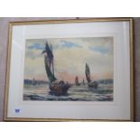 A watercolour of Junks signed Ling in a gilt frame, 43x53cm - in good condition