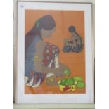 A mixed media by local artist Jill Walden - Peeling Mangos in a gilt metal frame, 90x67cm