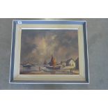 An oil on canvas, boats in harbour signed Gudrun Sibbons, frame size 54cm x 54cm - minor scuffs to