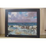 Oil on board by John Rohda - Shoreline Norfolk - in a black painted frame, 73cm x 89cm