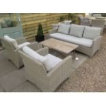 A Bramblecrest Cotswold sofa, two armchairs and a Bramblecrest tiled top aluminium table