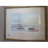 John R Pretty watercolour, low tide on the river Orwell, in a gilt frame, 43x53cm - in good