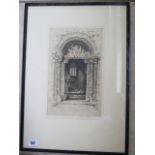 An etching of Priors Doorway Ely Cathedral, signed Mary E Howard, in an ebonised frame, 58x41cm