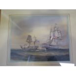 A good quality watercolour of a Naval battle scene, HMS Java Versus USS constitution by William