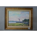 Indistinctly signed oil on board of a boatyard - Norfolk Broads, 23.5cm x 33cm