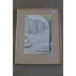 A modernist watercolour French street scene, signed indistinctly, Paris - 71x56cm frame size