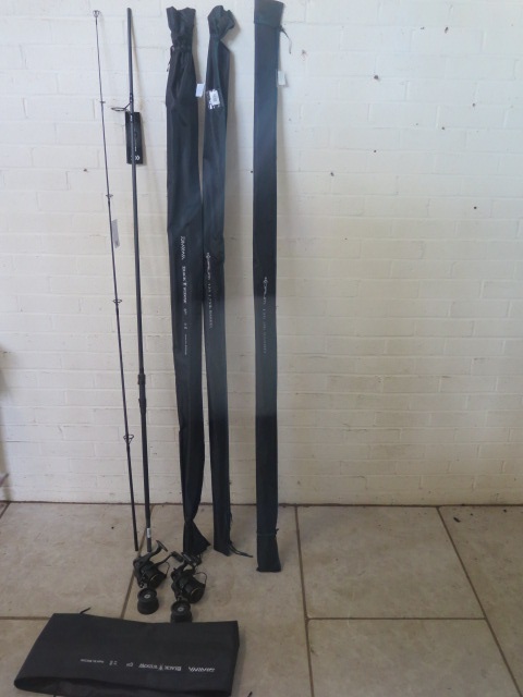 Four carp rods, two Diawa black Widow G50 12' 3lb rods, and two Korum rods, 12' 2lb barrel and 12'