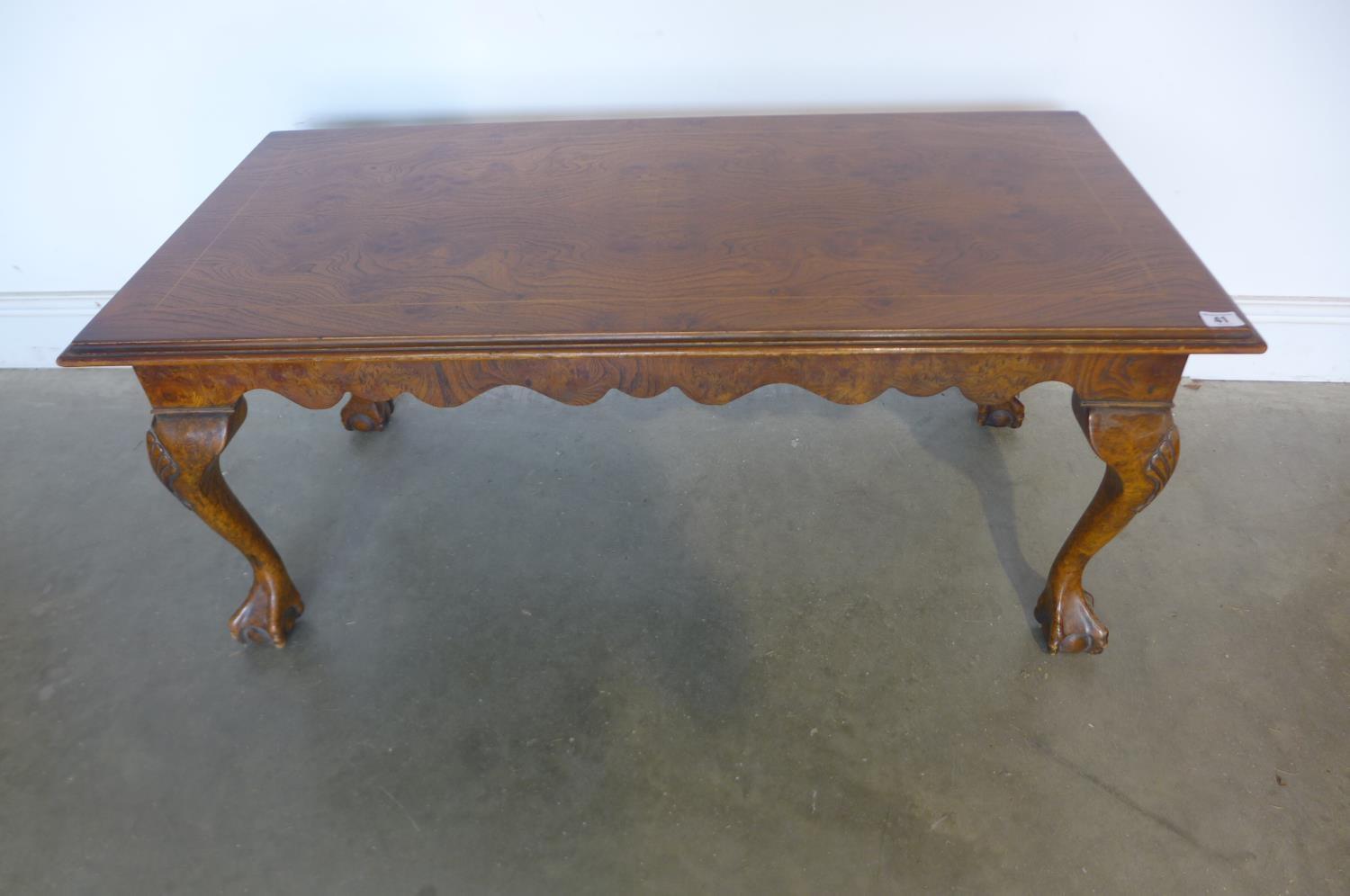 A burr elm veneered coffee table, 46cm tall x 107cm x 54cm