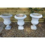 Three stone effect painted garden urns, 68cm tall, 46cm diameter