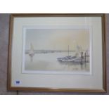 John R Pretty watercolour, sailing boats in gilt trimmed frame, 43x53cm - in good condition