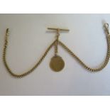 A good 18ct gold double Albert watch chain with close curb links, T-bar dog clip and sliding link to