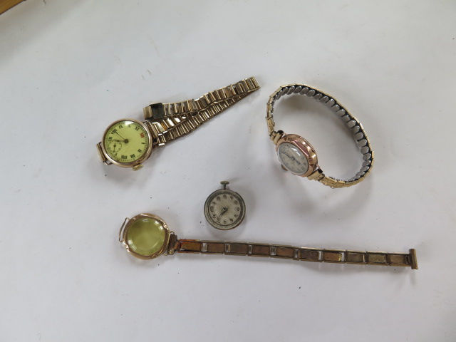 Three 9ct ladies watches, on plated straps, back missing to one, total approx 49 grams