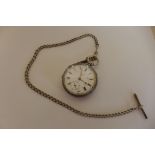A silver Express English lever pocket watch and silver chain, watch running