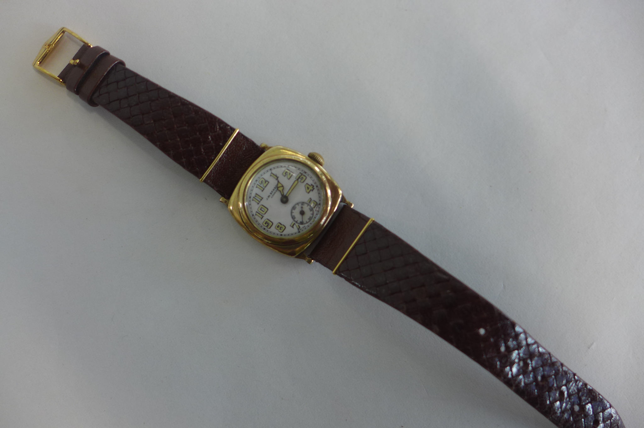 A JW Benson 9ct gold cushion cased wristwatch, white enamel face, with luninous Arabic numerals - Image 2 of 7