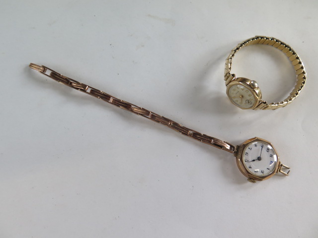 Two 9ct gold watches, one on a plated strap, the other a sprung strap, total weight approx 38 grams
