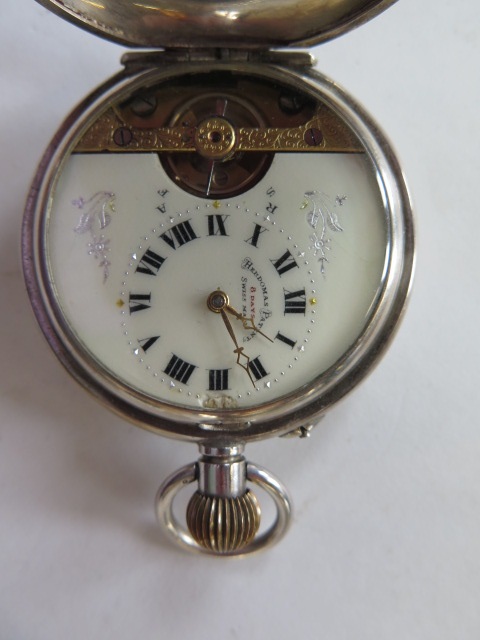 A silver Hebdomas 8 day gents pocket watch in working order, minor dents to case, slight damage to - Image 2 of 5