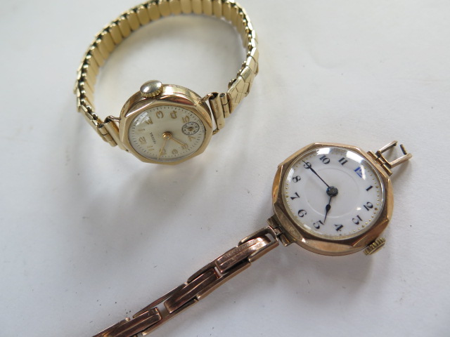 Two 9ct gold watches, one on a plated strap, the other a sprung strap, total weight approx 38 grams - Image 2 of 3