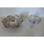 A silver sweetmeat dish, approx 2.2 troy oz, and a silver top glass jar, silver approx 0.5 troy oz