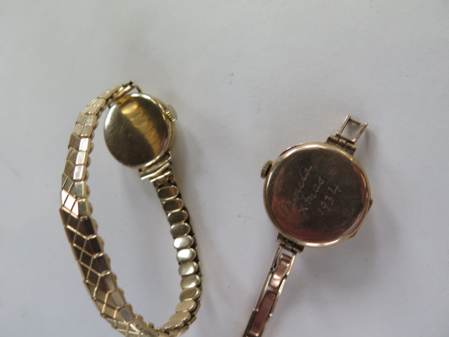 Two 9ct gold watches, one on a plated strap, the other a sprung strap, total weight approx 38 grams - Image 3 of 3