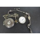 A gents silver half hunter and a ladies 800 silver fob watch, neither watch running, also a ladies