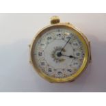 A very nice 18ct gold ladies fob wristwatch, beautiful gilded and decorated white enamel dial with