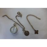 A silver cased pocket watch for repair, together with a double Albert watch chain, stamped to each