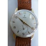 A gents Tudor 9ct gold wristwatch, with white dial, Arabic numerals and batons, subsidiary seconds