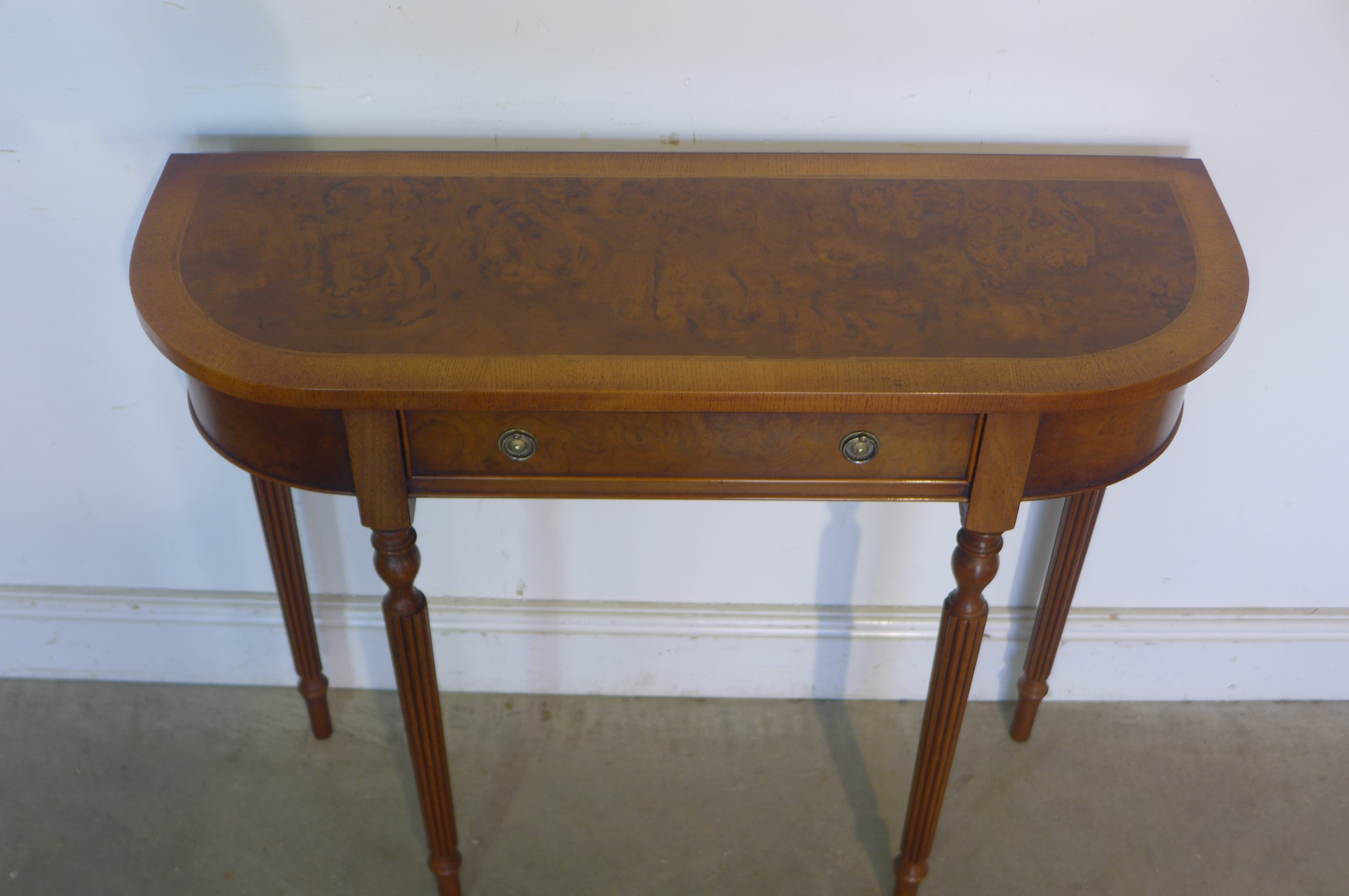 A walnut D shaped hall table with a single drawer on turned legs, made by a local craftsman to a - Image 2 of 2