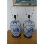 A pair of Chinese blue and white ginger jar style lamps - 65cm total height