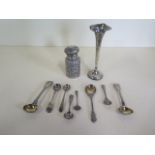 Eight silver spoons, a silver cased scent bottle and a silver weighted vase, weighable silver approx