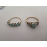 Two 9ct gold diamond and emerald rings, both size N 1/2 - one ring is stamped 10K but assay