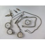 Four silver pocket watches, with two chains