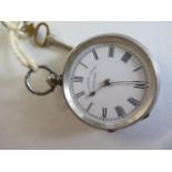 A ladies silver fob watch by J B Yabsley of London, white enamel face with Roman numerals, case