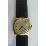 A gents 9ct gold cushion case Zenith wristwatch, circa 1930's, white dial with subsidiary seconds