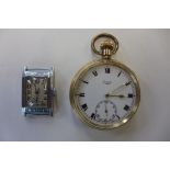 A limit gold plated pocket watch and a chrome plated gents dress watch head - both running