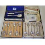 Three boxed sets of silver flatware, and two silver spoons, total silver weight approx 6 troy oz