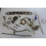 A collection of vintage silver jewellery including Albertina watch chain, Cameo ring and brooch,
