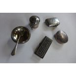 Three silver small boxes, a silver Vesta and a silver weighted salt with plated spoon, weighable