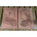 A pair of Renaissance style terracotta garden wall plaques depicting two helmeted gods - 46cm H x