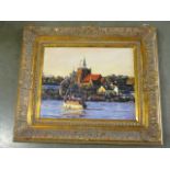 John Bell local artist oil on canvas, sail boat approaching Maldon Essex, in a gilt swept frame,