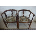 Two Edwardian tub shape mahogany side chairs with matching upholstered seats