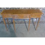 A burr wood three drawer breakfront hall table on square tapering legs, 77cm tall x 123cm x 39cm