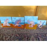A group of four surrealist oil paintings on board, of beach.seascapes, unsigned, dated 2000/