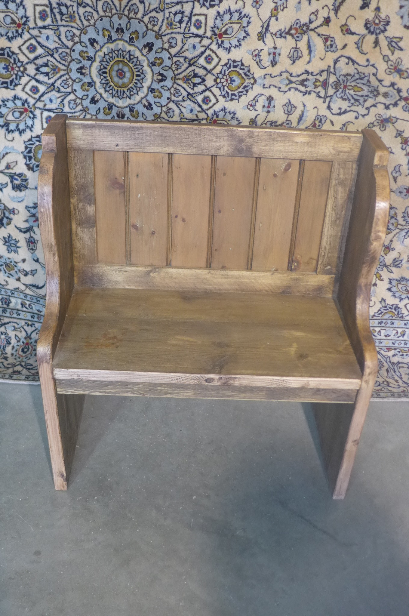 A rustic pine hall bench, 92cm tall x 81cm x 39cm