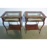 A matched pair of late Victorian mahogany bijouterie display tables with flower inlay marquetry on