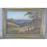 Montgomery Ansell oil painting on canvas of a landscape with shepherd and sheep, signed to front,
