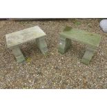 A cast stone three part bench with scrolled supports, 59cm W x 30cm D x 41cm H - together with a